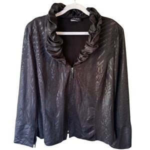 Black Artex Patterned Vintage Y2K Zipper Blazer with Ruffled Collar Women’s XL